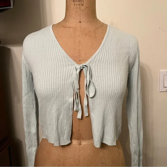 Garage Fly Away Open Tie Front Ribbed Cardigan Sweater Top - Picture 3 of 7